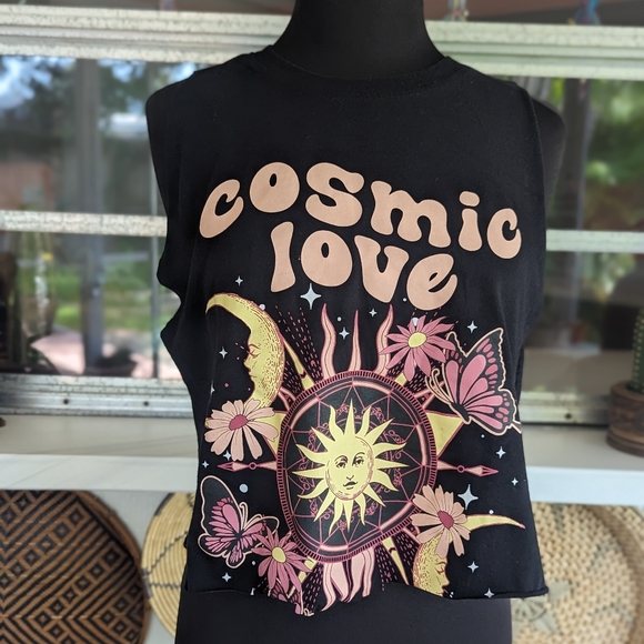 Cosmic Love M Graphic Boxy Crop Custom Cut Cropped Tank Top Hippie Celestial - Picture 9 of 10